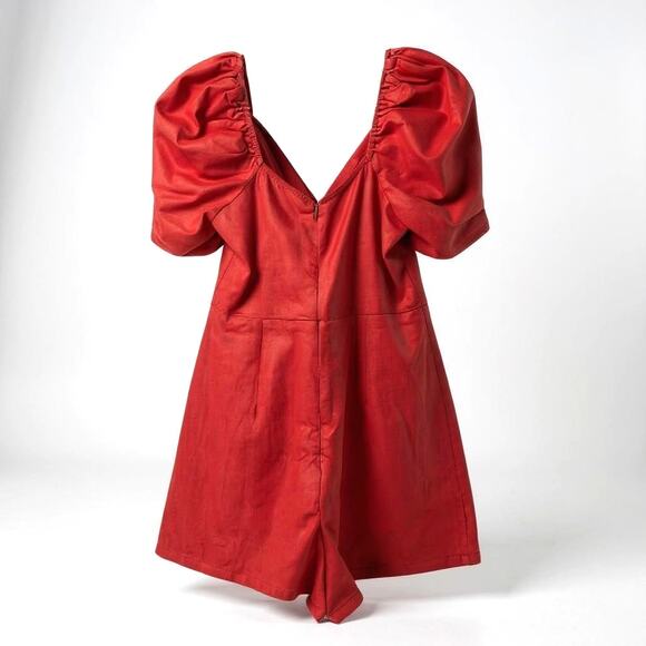 Womens Linen Blend Romper Size S Red Puff Sleeve Romantic Beachy Event Travel - Picture 4 of 11